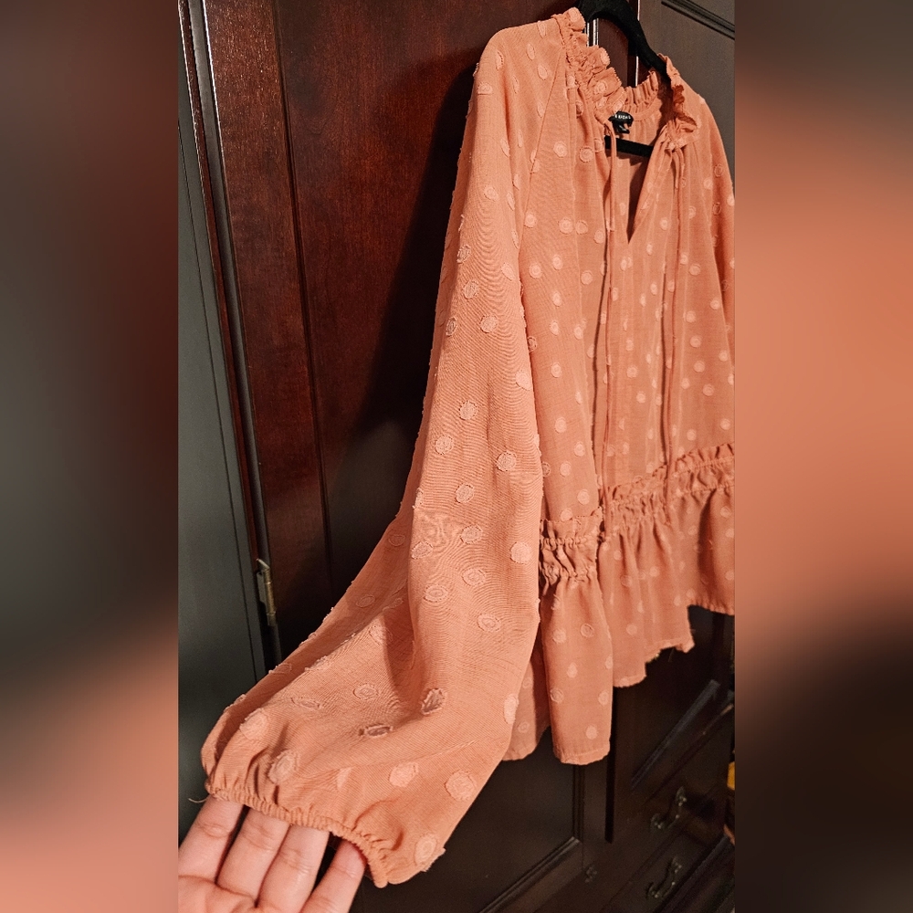 Rachel & Zoe XL Smocked Peplum Ruffled Swiss Dot Blouse Mandarin Collar NWOT - Picture 6 of 13